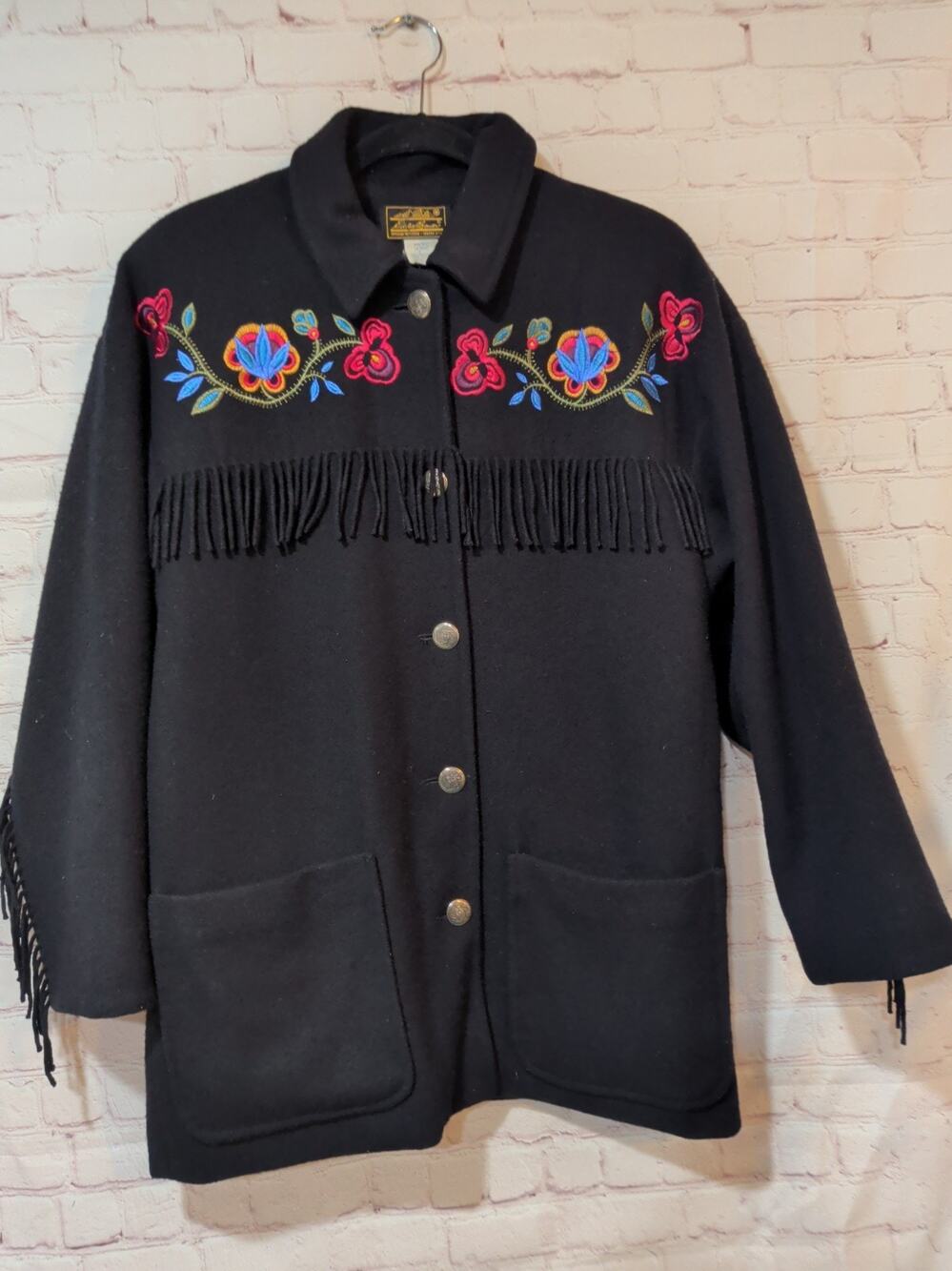 Vintage Eddie Bauer Wool Jacket Womens S Western Tassels Floral USA Embroidered